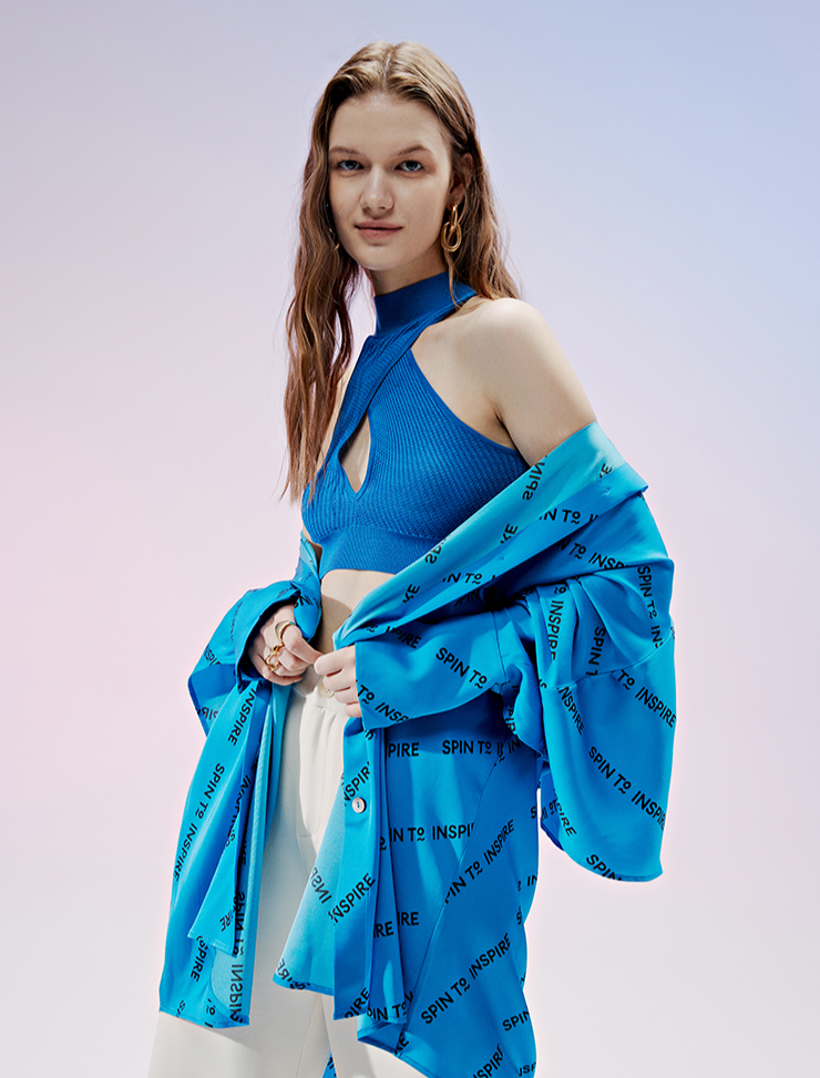 Azure Blue Slogan Print