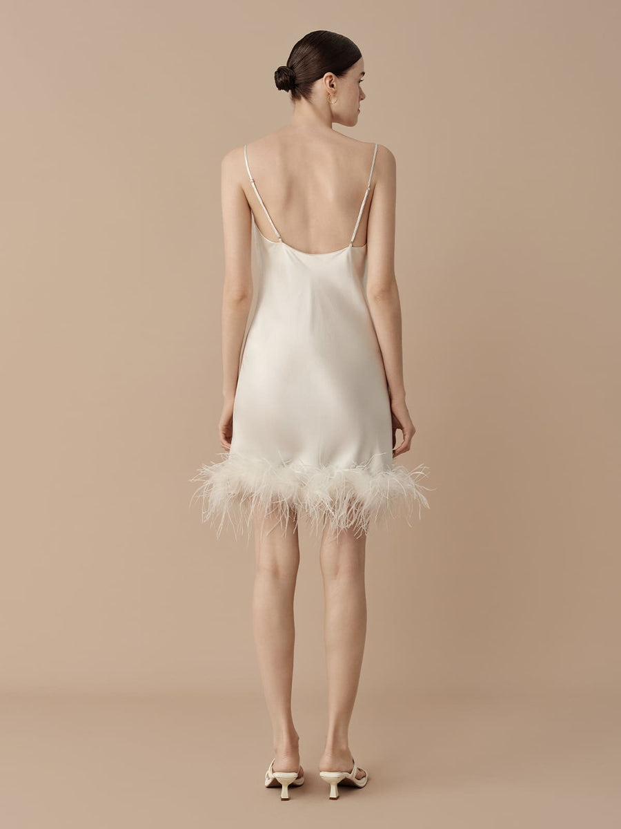 SILKINC Feather Trim Silk Slip Mini Dress