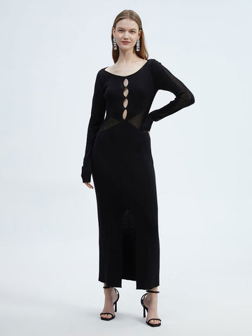 SILKINC Front-Cut Long Black Dress