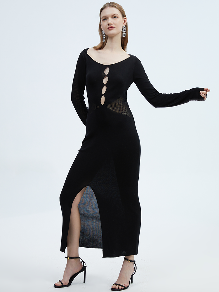 SILKINC Front-Cut Long Black Dress